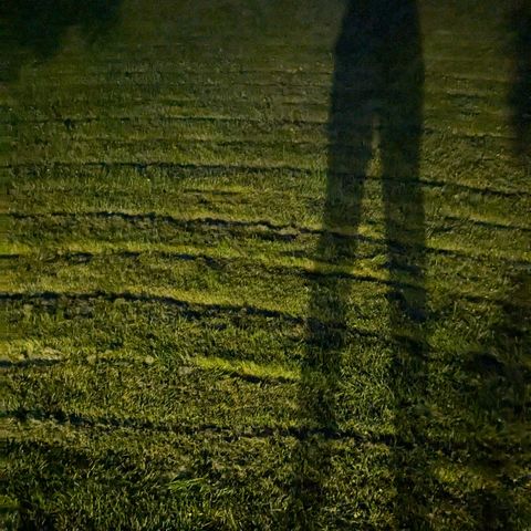 A shadow of a very tall, stretched set of human legs on mown grass at night