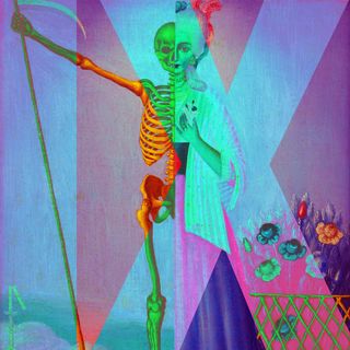 An oil painting of a person split in half. One half is the living woman, one half is a skeleton with a scythe. Covering the entirety is the Roman numeral IX.