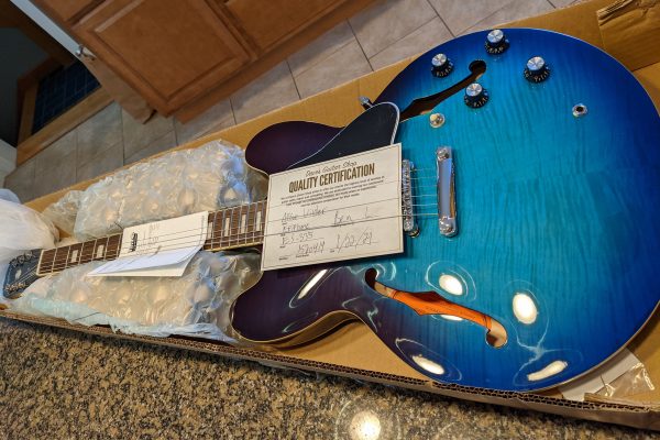 Epiphone ES-335 Figured in Blueberry Burst (new in box on kitchen counter)