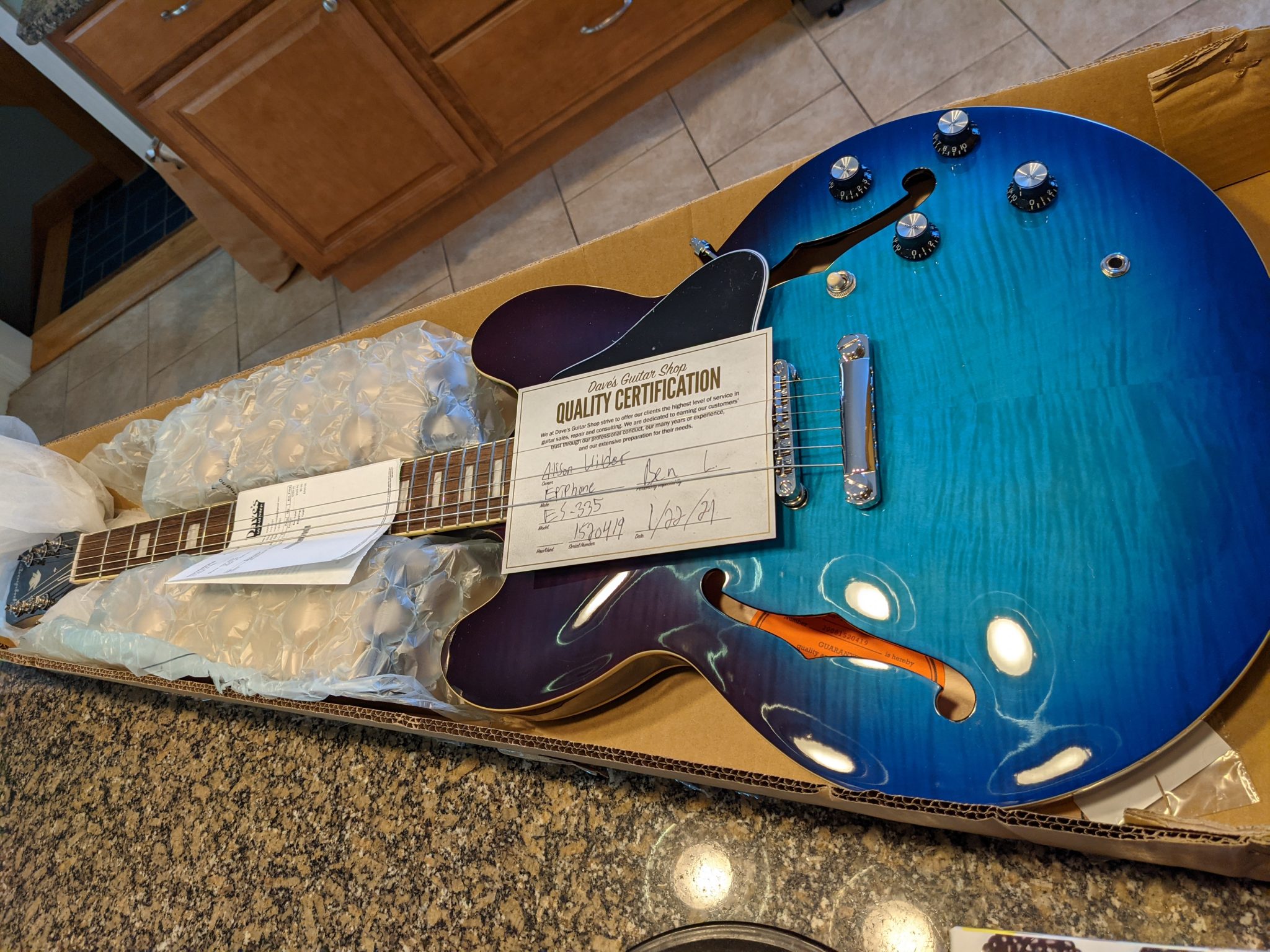 Epiphone ES-335 Figured in Blueberry Burst (new in box on kitchen counter)