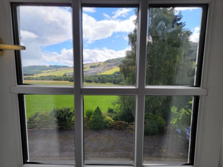 The view from my suite at the Ptarmigan House in Blair Atholl, Scotland