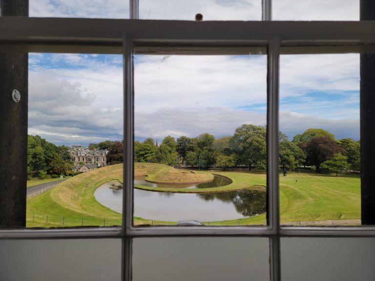The view from the bathroom at the Scottish National Gallery of Modern Art.