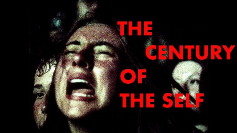 Faces crying out in protest, with "The Century of the Self" overlaid in red text