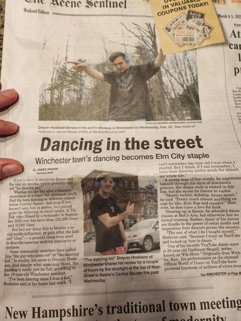 A newspaper clipping from the Keene Sentinel about a teen who is seen dancing downtown regularly