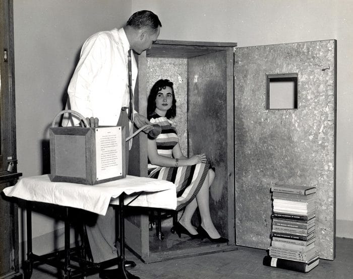 Wilhelm Reich helps a young lady in need with his orgone accumulator.