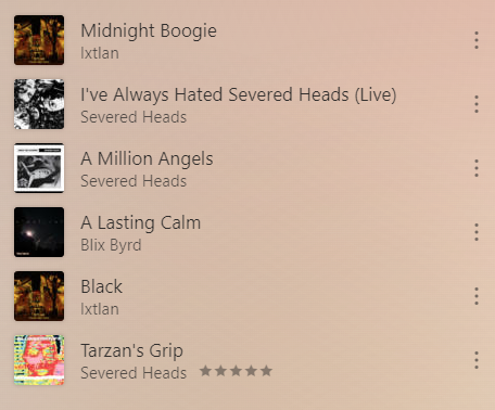 A screenshot of a Plex-generated playlist based on sonic similarity, including Ixtlan, Severed Heads, and Blix Byrd.