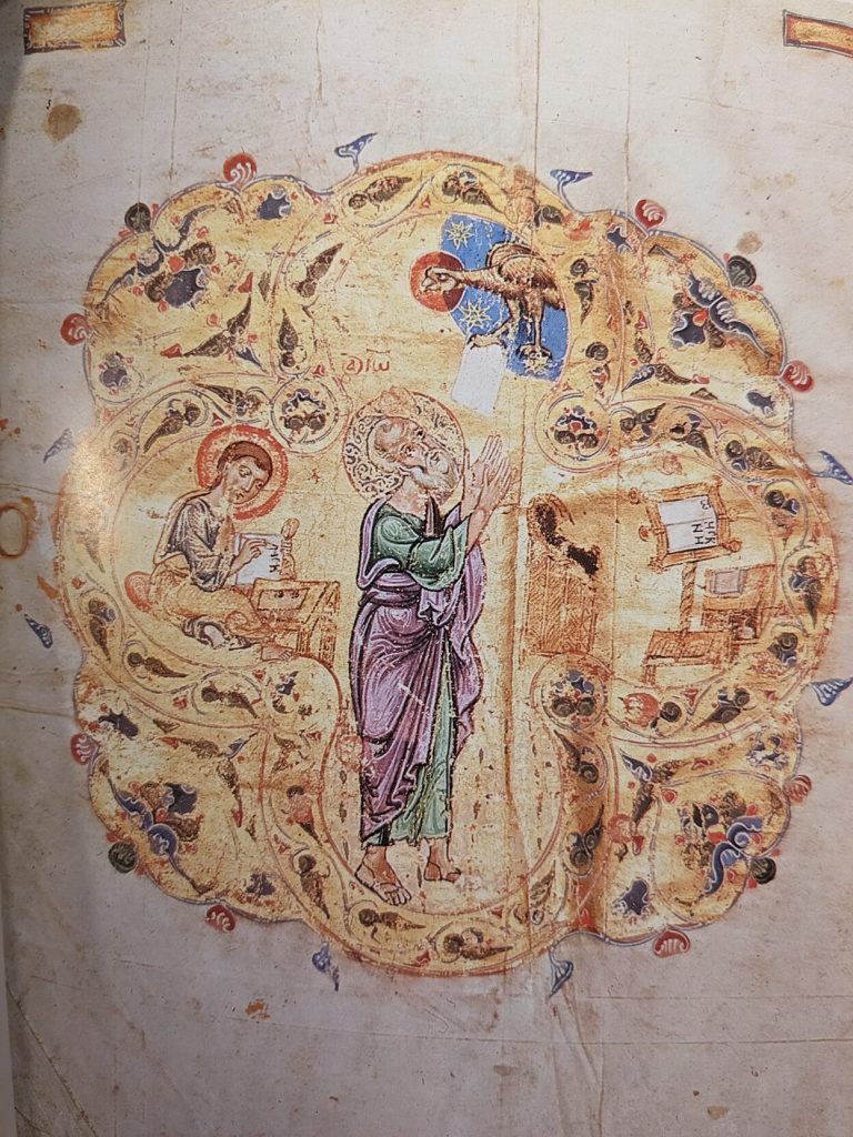Russian illuminated manuscript from 1203 in Kyiv depicting St John quietly and serenely asking a bird in the sky for a sheet of toilet paper