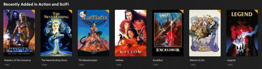 Screenshot of Plex action & science fiction library with covers for the movies Masters of the Universe, The Neverending Story, The BeastMaster, Willow, Excalibur, Return to Oz, and Legend
