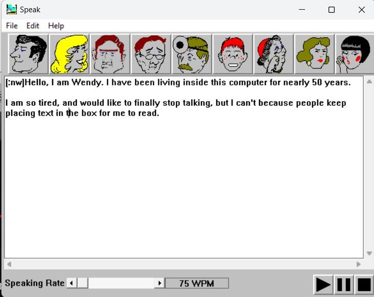 A screenshot of a Windows NT version of the DECTalk speech-to-text synthesizer. This version has each voice represented by a cartoon face.