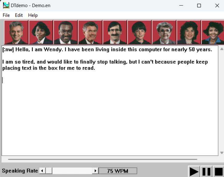 A screenshot of a Windows NT version of the DECTalk speech-to-text synthesizer. This version has each voice represented by a photo of a person's face.